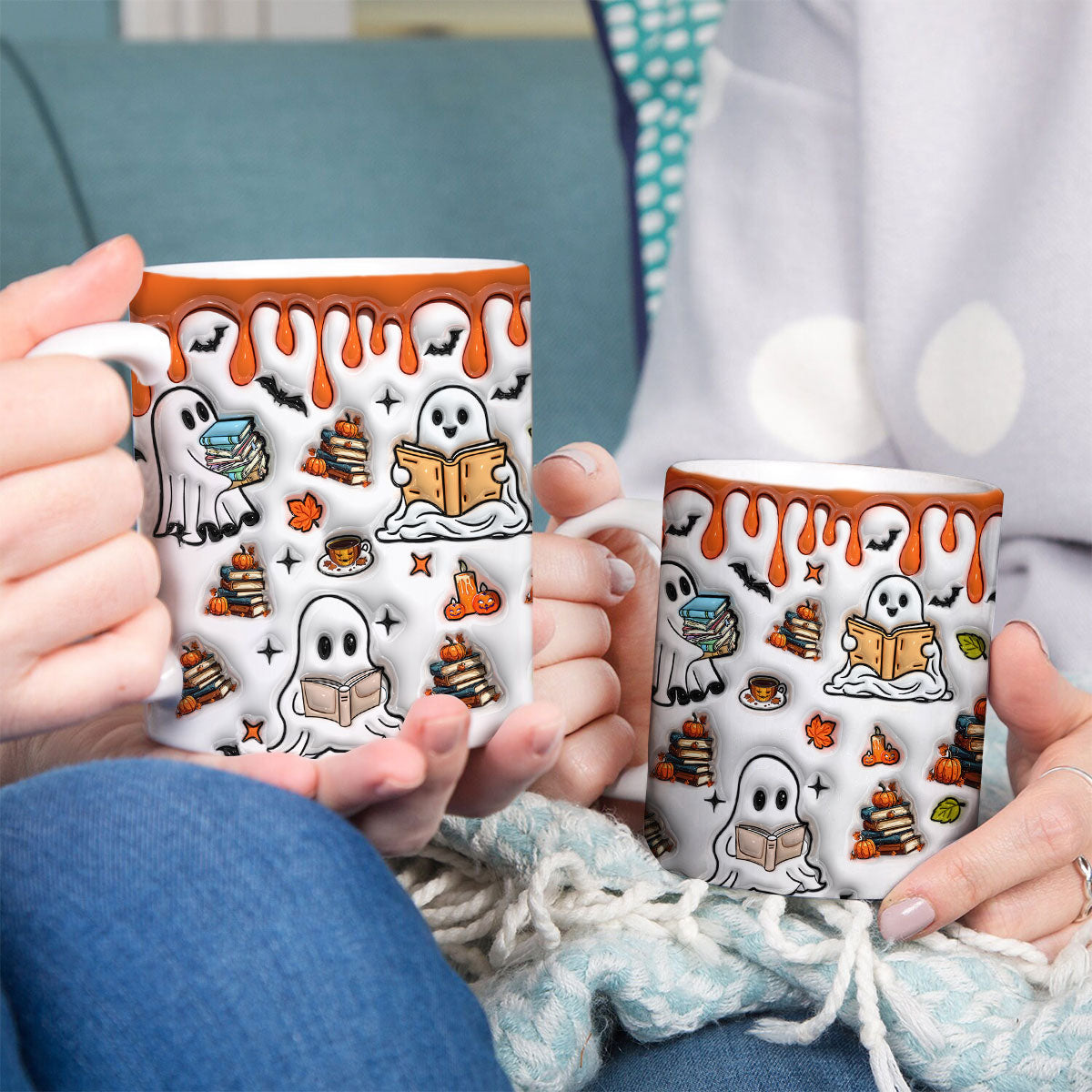 Petthouse | Reading Ghost 3d Inflated Effect Mug, Halloween Coffee Mug, Bookish Ghost Gift, Spooky Vibes