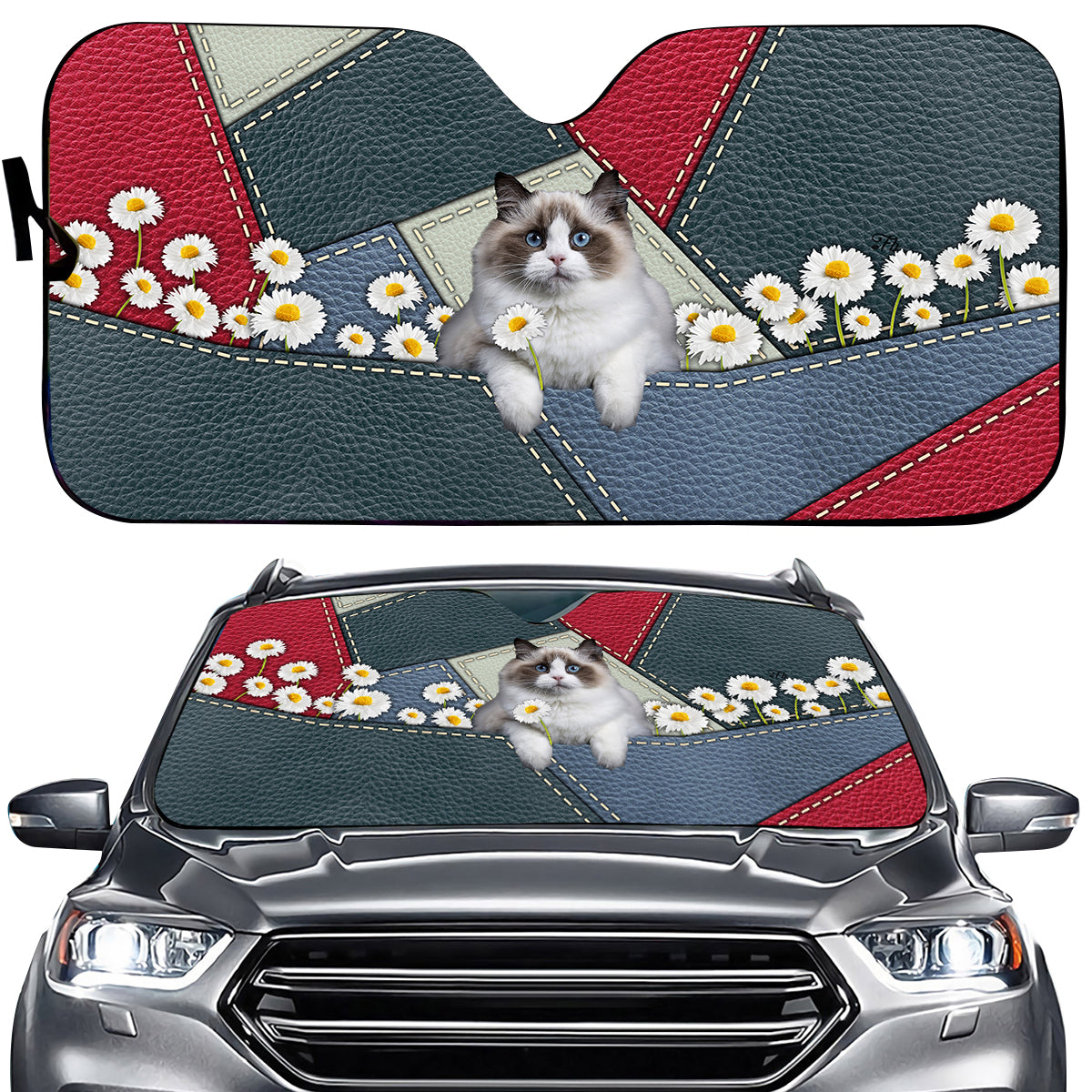 Petthouse | Ragdoll Windshield Sun Shade Cat Cat Leather Patchwork Daisy Print Windshield For Cat Mom
