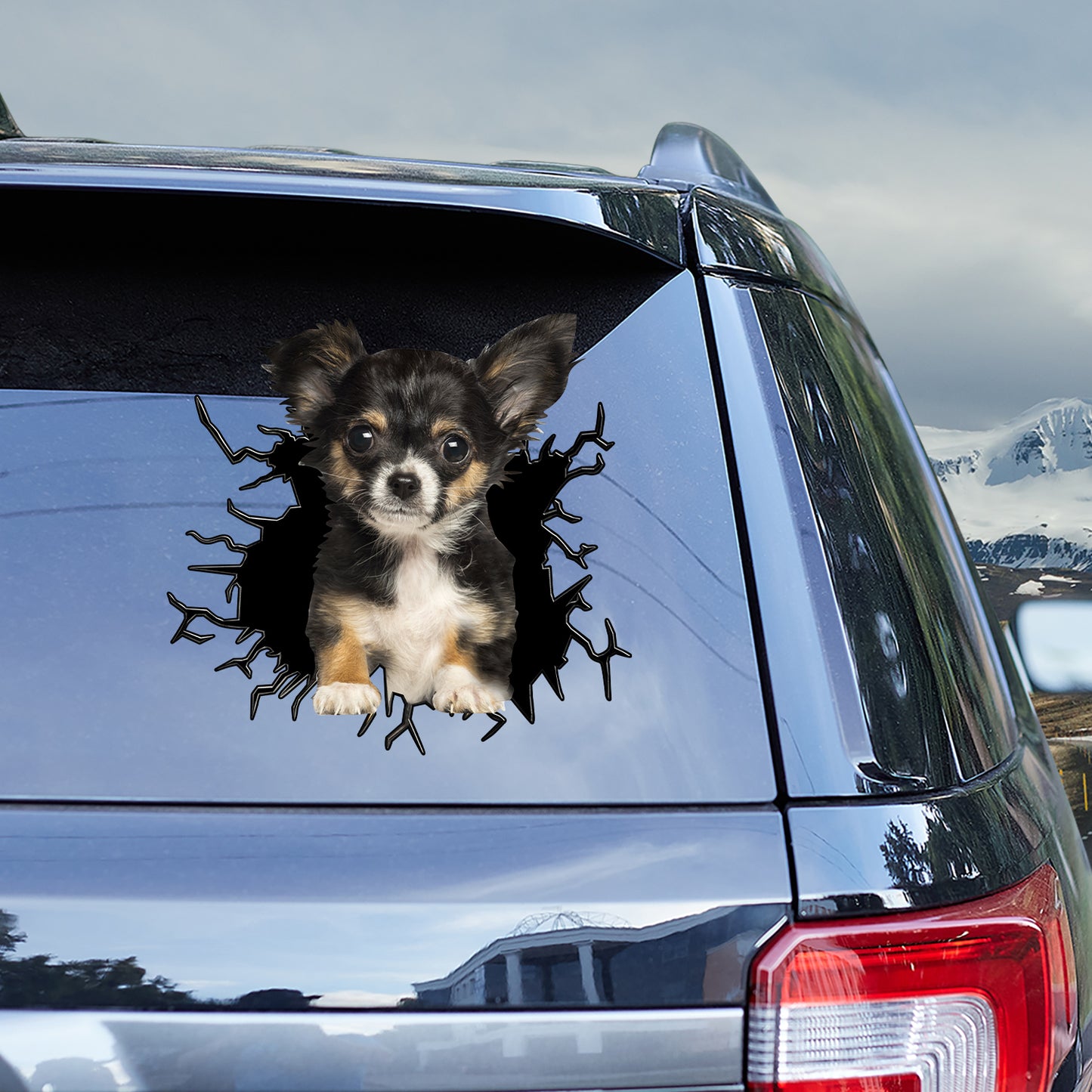 Petthouse | Black Long-haired Chihuahua Dog Car Decals Crack Effect Print Sticker Fun Car Decor Dog Lovers