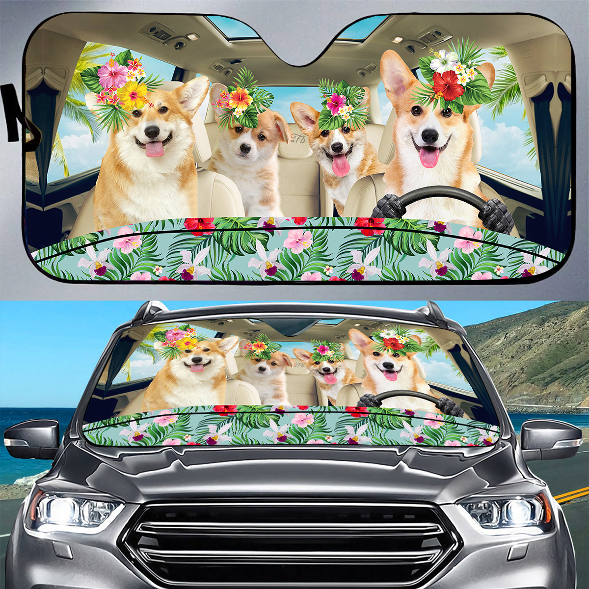 Petthouse | Corgi Car Sun Shade Windshield Corgi Family Driving Car Window Shade Front Dog Hello Summer