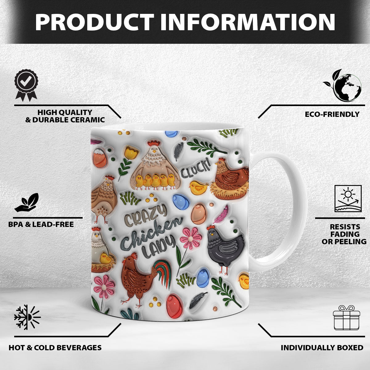 Petthouse | Crazy Chicken Lady Mug, Chicken Lady 3d Inflated Print Mug, Chicken Farm Mug, Chicken Lover