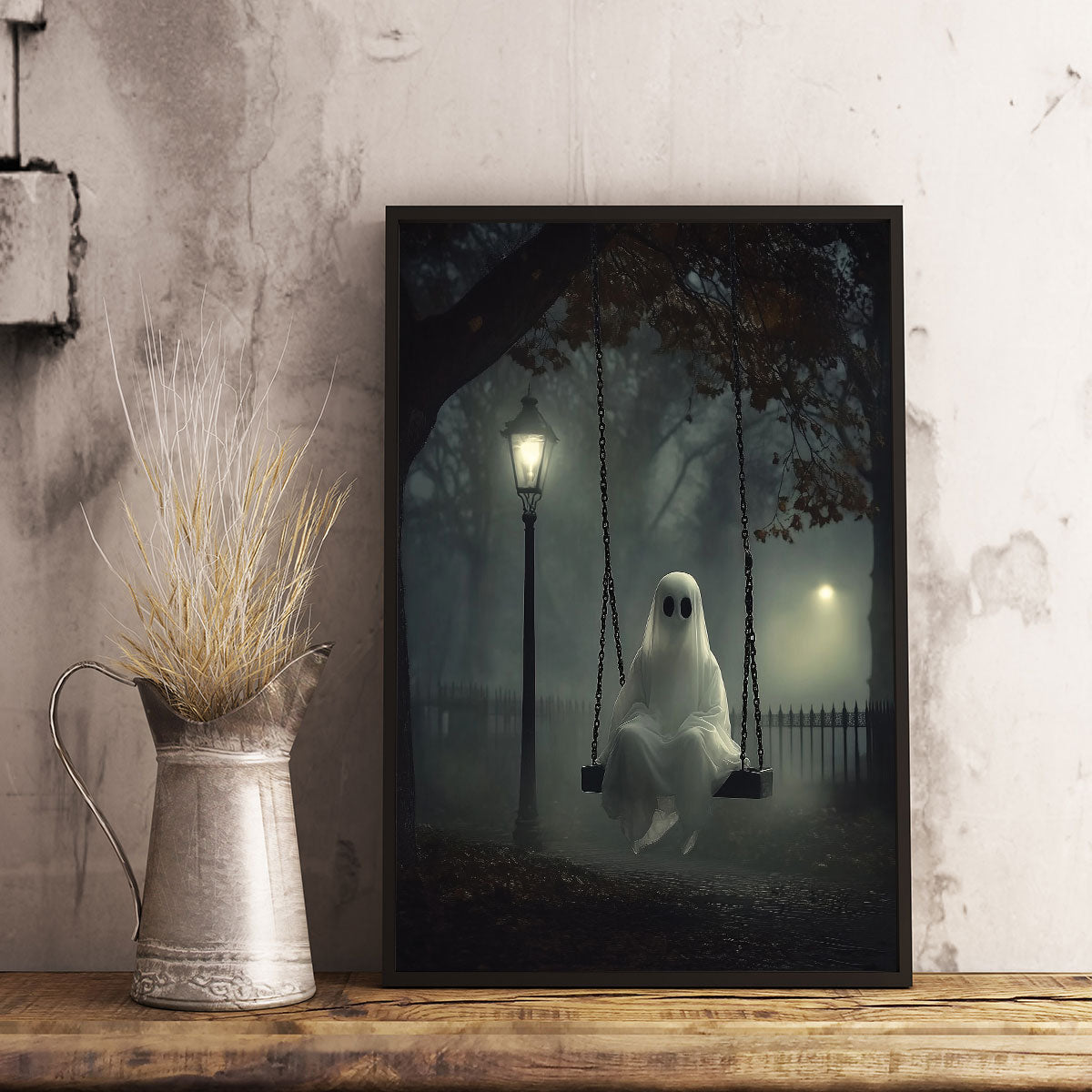 Petthouse | Ghost On The Swing Art Print, Halloween Indoor Decoration, Halloween Print, Spooky Wall Art Poster Canvas
