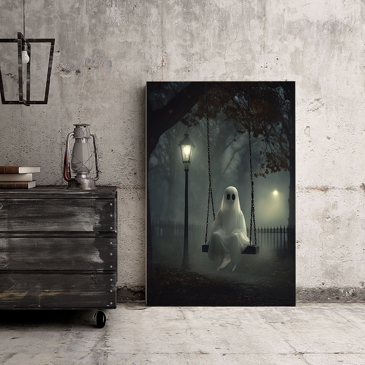 Petthouse | Ghost On The Swing Art Print, Halloween Indoor Decoration, Halloween Print, Spooky Wall Art Poster Canvas