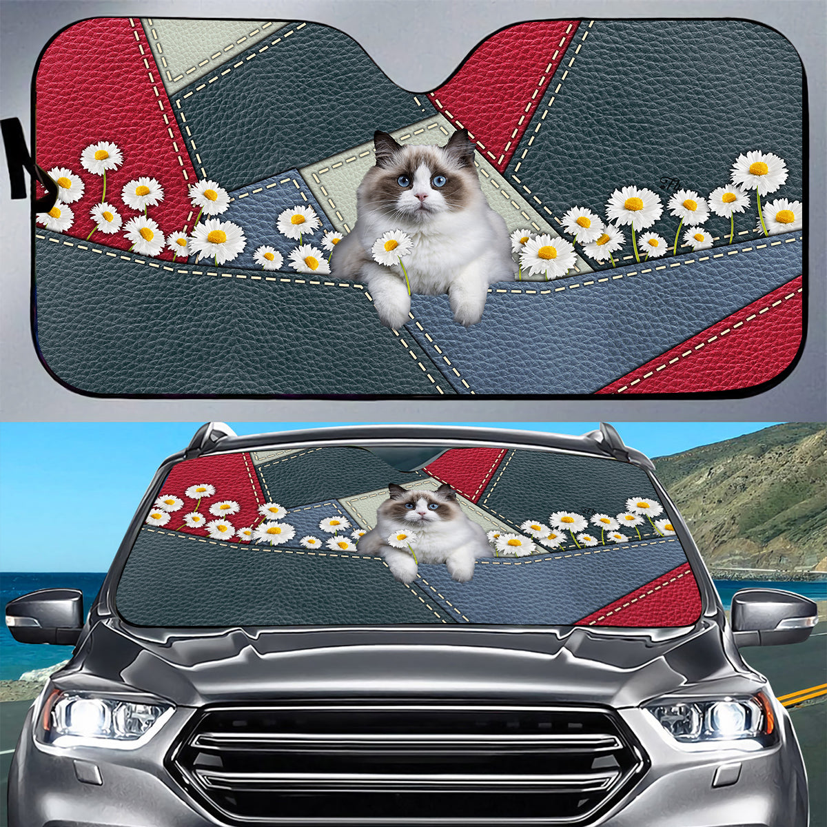 Petthouse | Ragdoll Windshield Sun Shade Cat Cat Leather Patchwork Daisy Print Windshield For Cat Mom