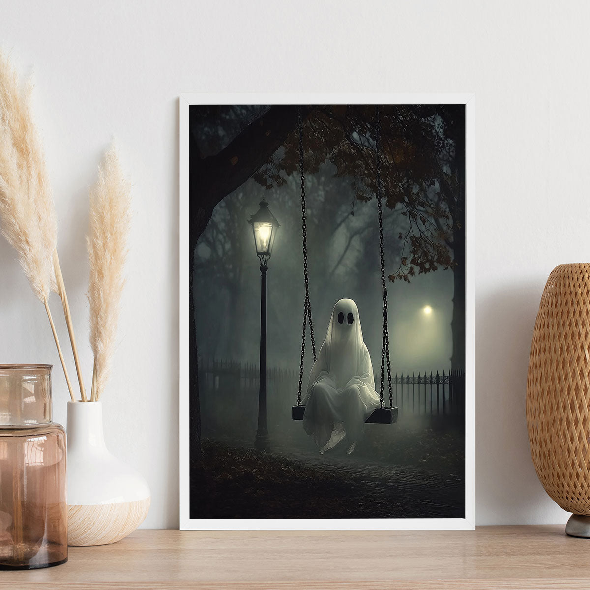 Petthouse | Ghost On The Swing Art Print, Halloween Indoor Decoration, Halloween Print, Spooky Wall Art Poster Canvas