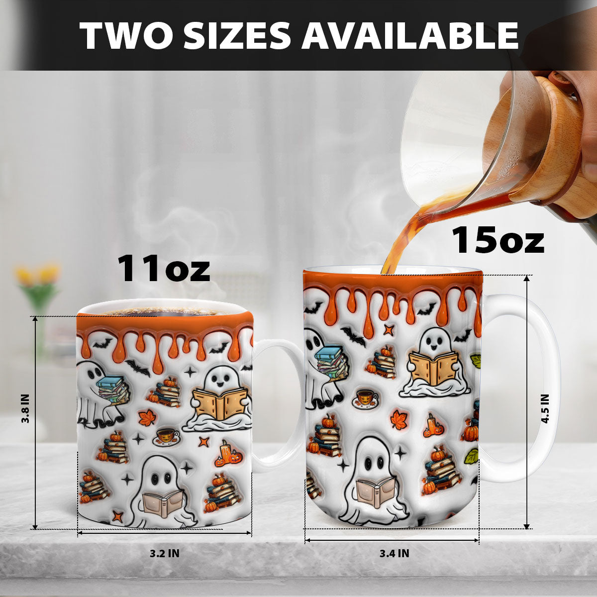 Petthouse | Reading Ghost 3d Inflated Effect Mug, Halloween Coffee Mug, Bookish Ghost Gift, Spooky Vibes