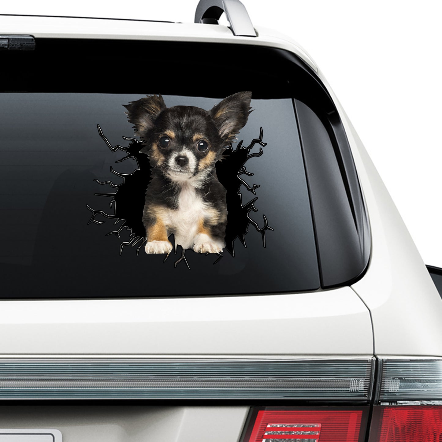 Petthouse | Black Long-haired Chihuahua Dog Car Decals Crack Effect Print Sticker Fun Car Decor Dog Lovers