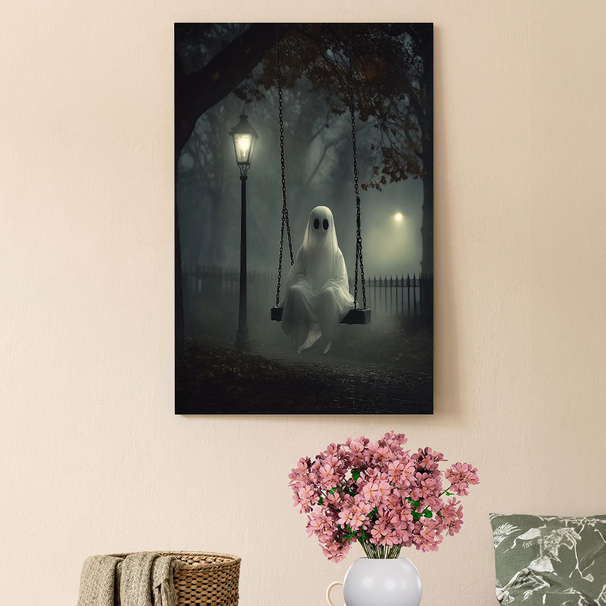 Petthouse | Ghost On The Swing Art Print, Halloween Indoor Decoration, Halloween Print, Spooky Wall Art Poster Canvas