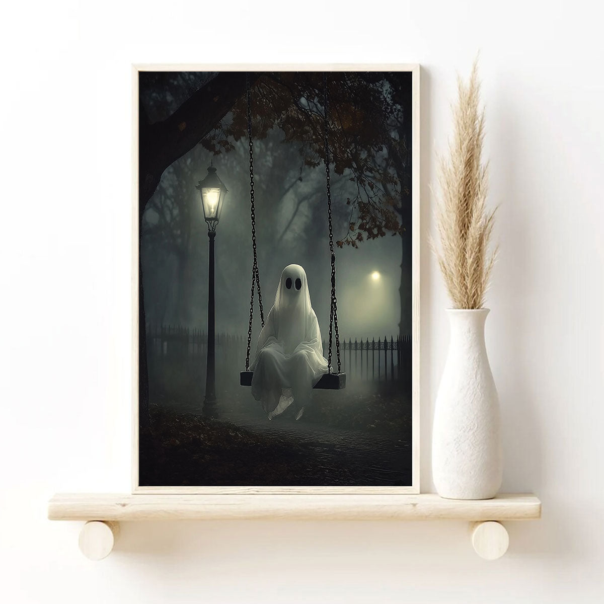 Petthouse | Ghost On The Swing Art Print, Halloween Indoor Decoration, Halloween Print, Spooky Wall Art Poster Canvas