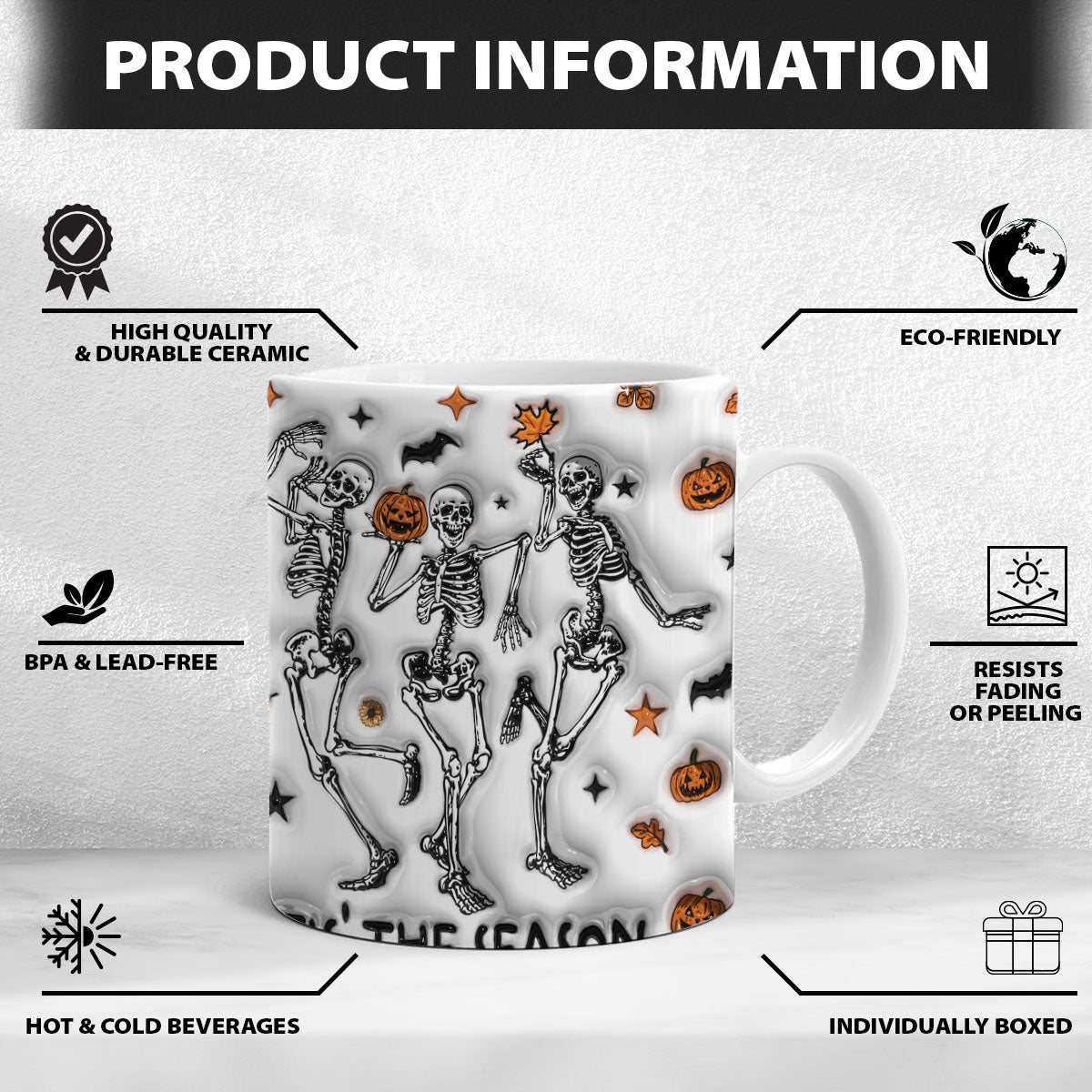 Petthouse | Skeleton Dancing Inflated Effect 3d Coffee Mug, Halloween Tis' The Season, Ghost Spooky Vibes