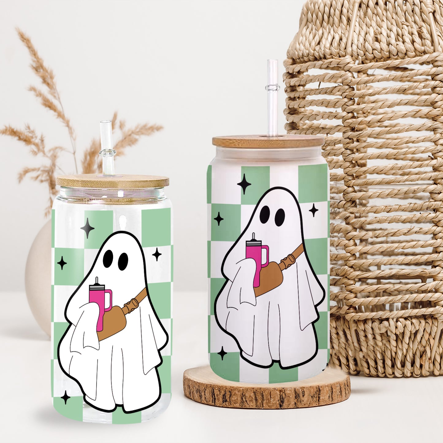 Petthouse | Ghost Halloween Glass Can, Spooky Vibes checkerboard Ghost Glass, Checkered Ghost Coffee