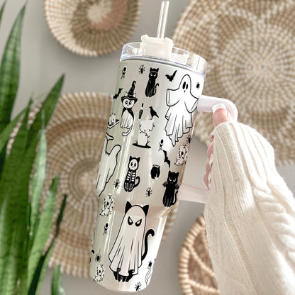 Petthouse | Halloween Ghost Doodles  40oz Tumbler, Spooky Black Stainless Steel Cup, Ghost Cute Spooky Season