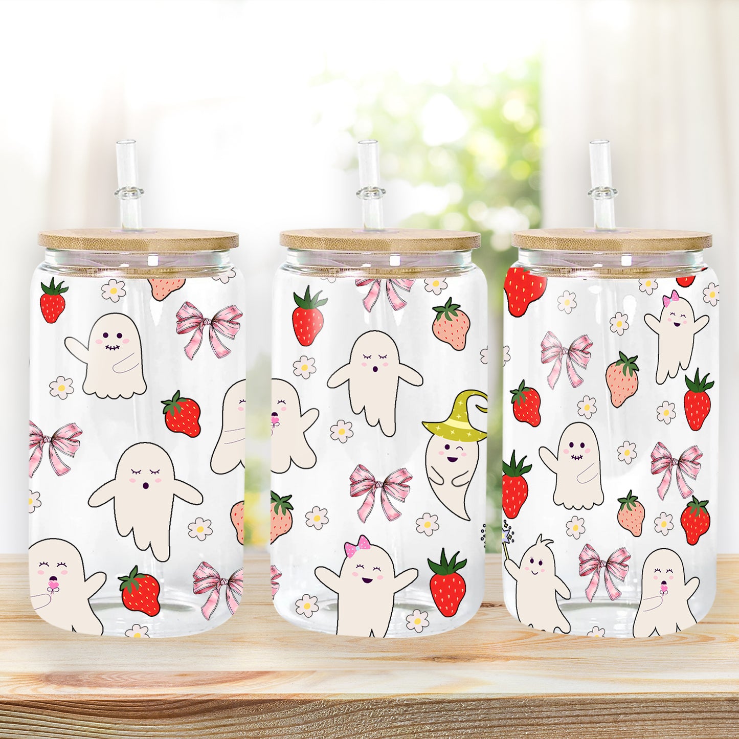 Petthouse | Strawberry Ghosts And Coquette Bows Glass Can, Cute Halloween Glass Can, Strawberry Ghost Cup