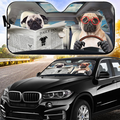 Petthouse | Pug Reading Newspaper Windshield Sun Shade Daily Dog Automotive Windshield Sunshades Dog Driving