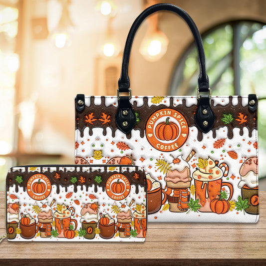 Petthouse | 3d Pumpkin Spice Coffee 3d Printed Leather Handbag, Fall Coffee Bags, Wallet Bags For Mom Halloween