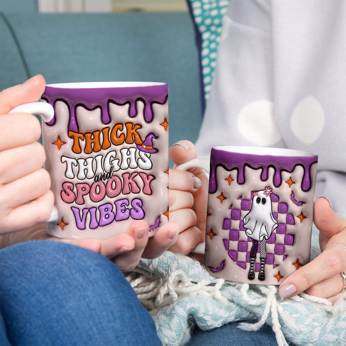 Petthouse | Cute Ghost Thick Thighs And Spooky Vibes Mug, 3d Inflated Effect Printed Ceramic Mug