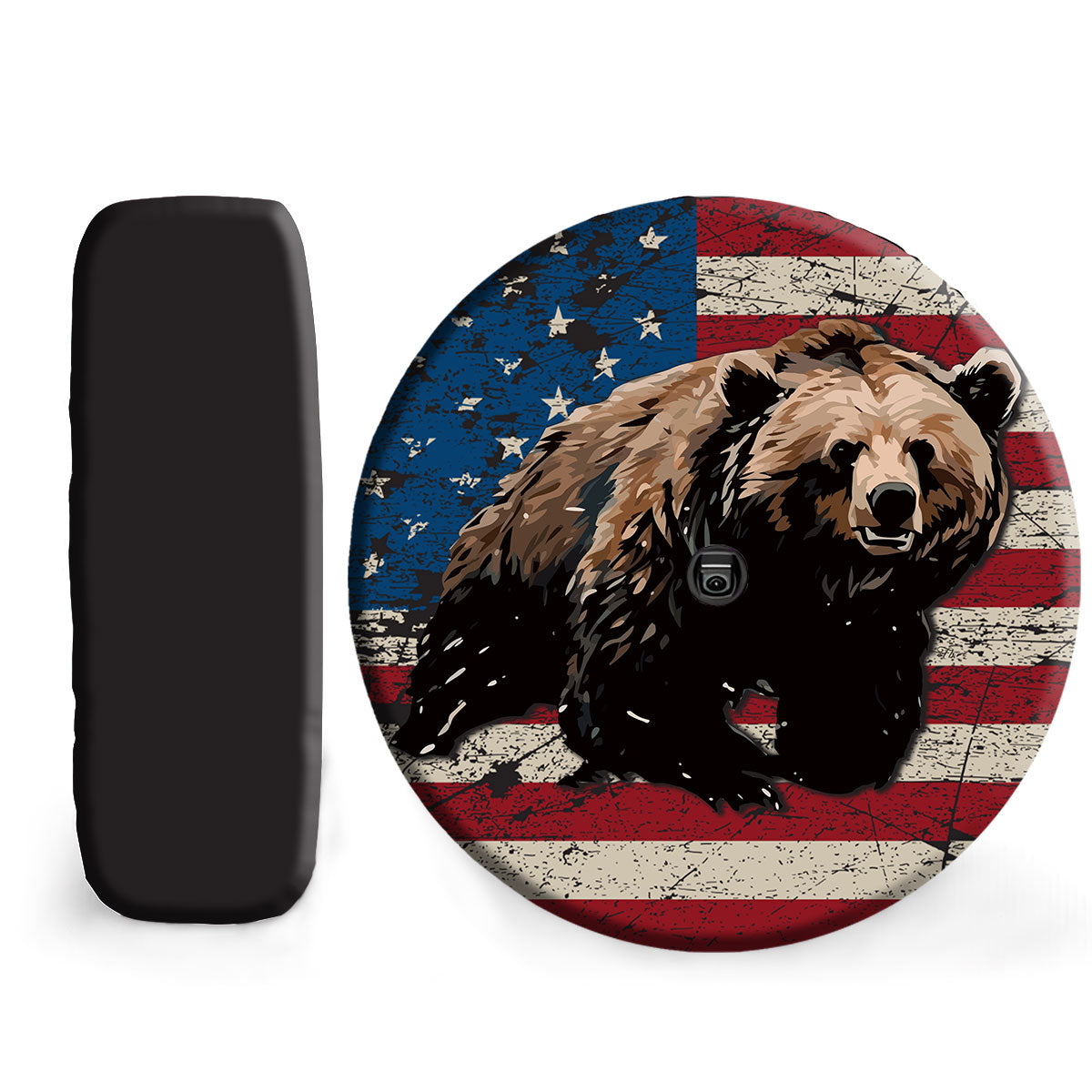 Petthouse | Customized Name Hunting Bear Forest American Flag Spare Tire Cover Wild Bear Durable Tire Protector