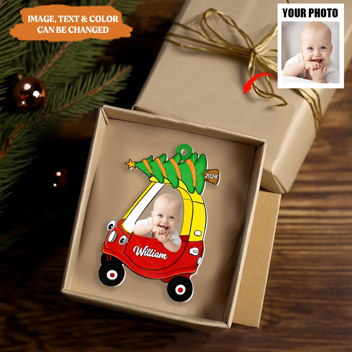 Petthouse | Custom Kid Photo Christmas Ornament, Xmas Gift For Kids, 2024 Baby Newborn In Car Flat Ornament