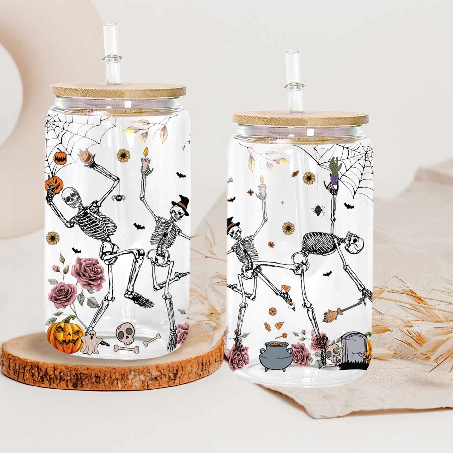 Petthouse | Tis The Season To Be Spooky Glass Can, Skeleton Dancing Spooky Halloween Glass Can