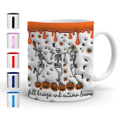 Petthouse | Skeletons Fall Breeze And Autumn Leaves Inflated 3d Effect Mug, Spooky Dancing Skeletons