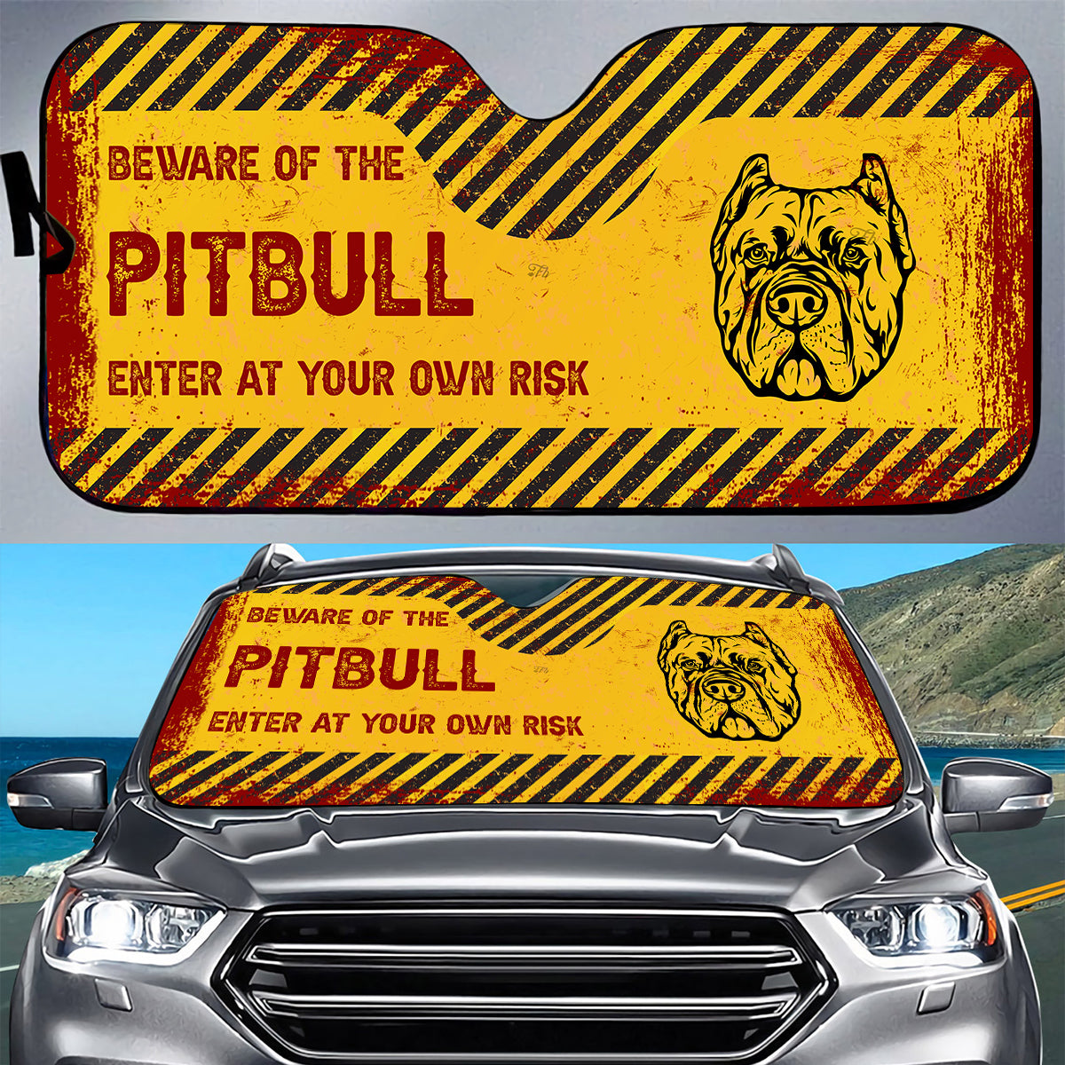 Petthouse | Beware Of The Pitbull Dog Car Sun Shade Windshield Dog Head Car Auto Sun Shade Dog Lover