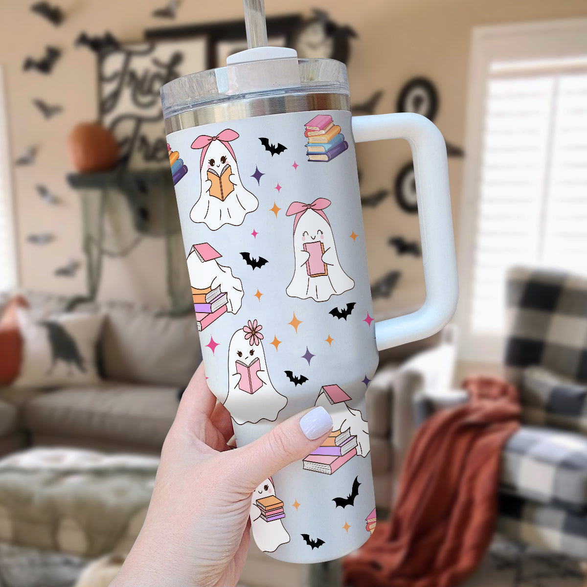 Petthouse | Cute Ghost Reading 40oz Tumbler, Halloween Bookish Tumbler, Halloween Gift For Book Lovers