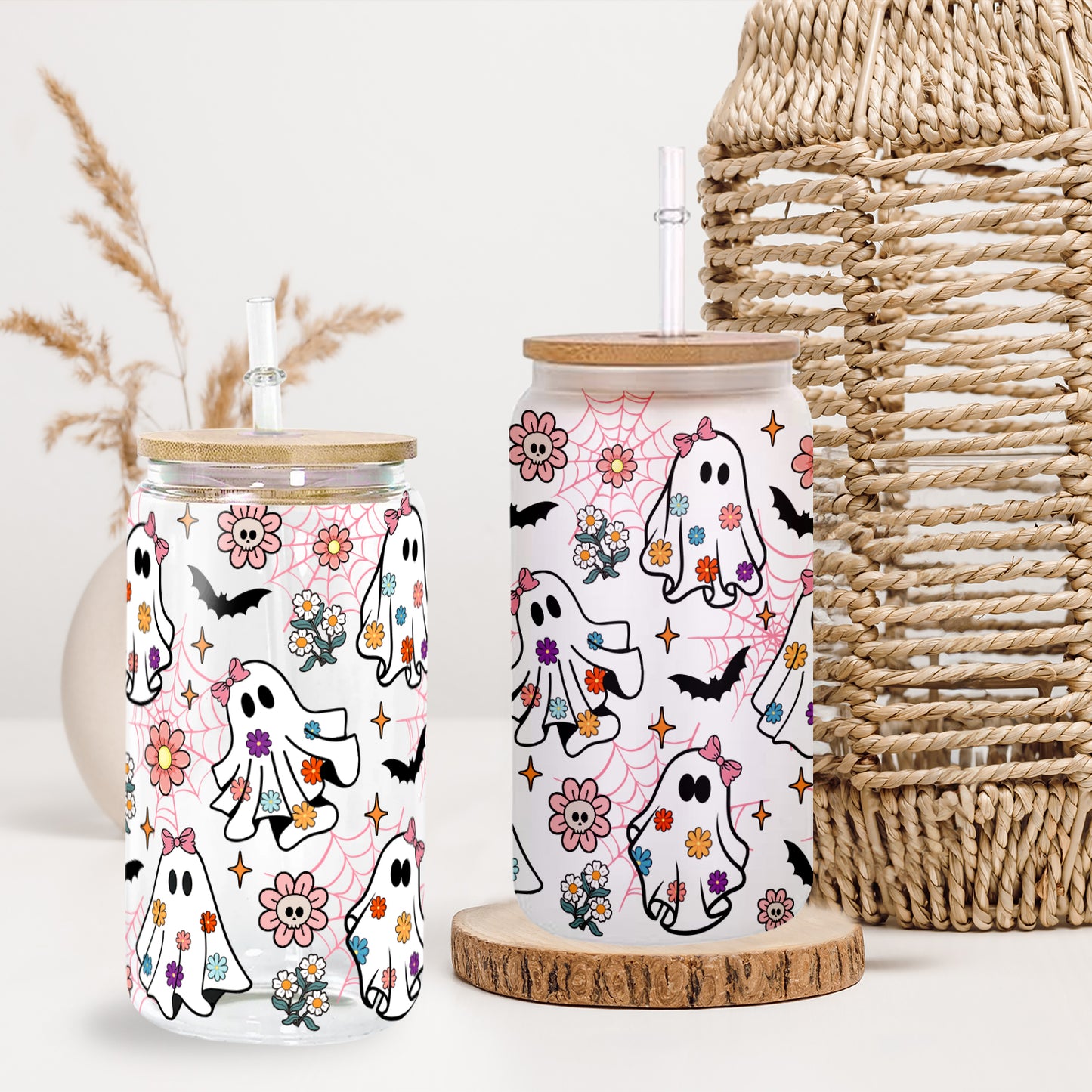 Petthouse | Spooky Ghost Glass Can, Retro Groovy Flowers Ghost Halloween Glass Cup, Ghost Spooky Vibes