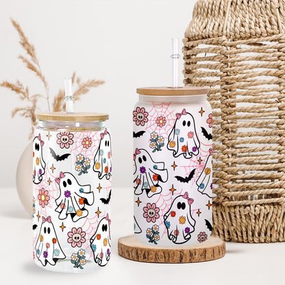 Petthouse | Spooky Ghost Glass Can, Retro Groovy Flowers Ghost Halloween Glass Cup, Ghost Spooky Vibes