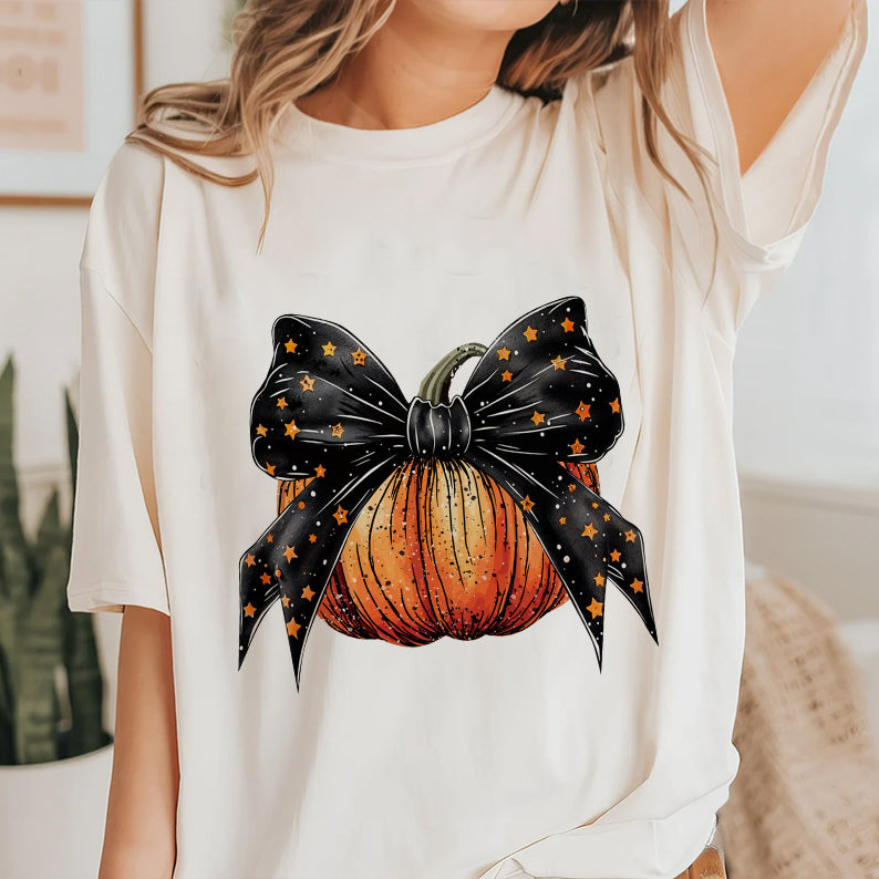 Petthouse | Halloween Pumpkin Coquette Bow Shirt, Coquette Stars Bow Shirt, Autumn Pumpkin Bow