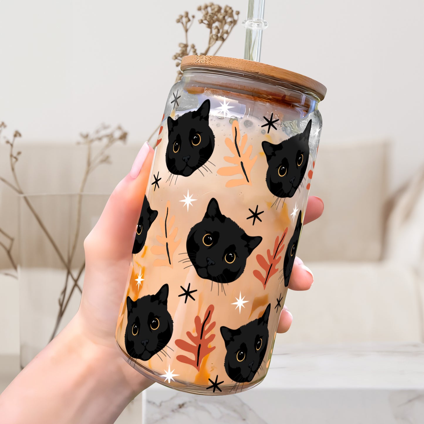 Petthouse | Black Cat Fall Glass Can, Black Cat Halloween Glass, Black Cat Coffee Glass, Viral Coffee