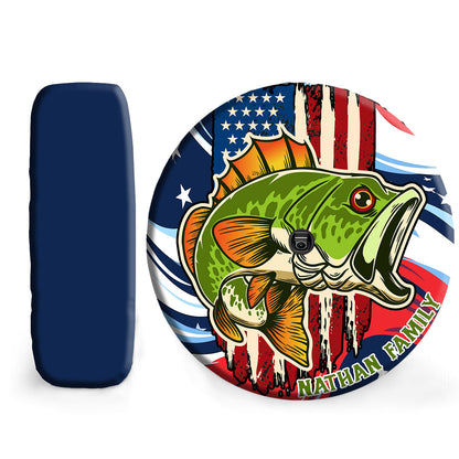 Petthouse | Customized Name Fishing Grunge Stylized American Flag Spare Tire Cover Fishing Car Accessory Car Decoration