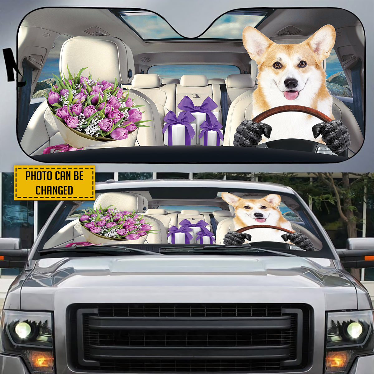 Petthouse | Custom Photo Sun Shade Corgi Flower Bouquet Gift Car Sun Shade Windshield Dog Mom Sunshade