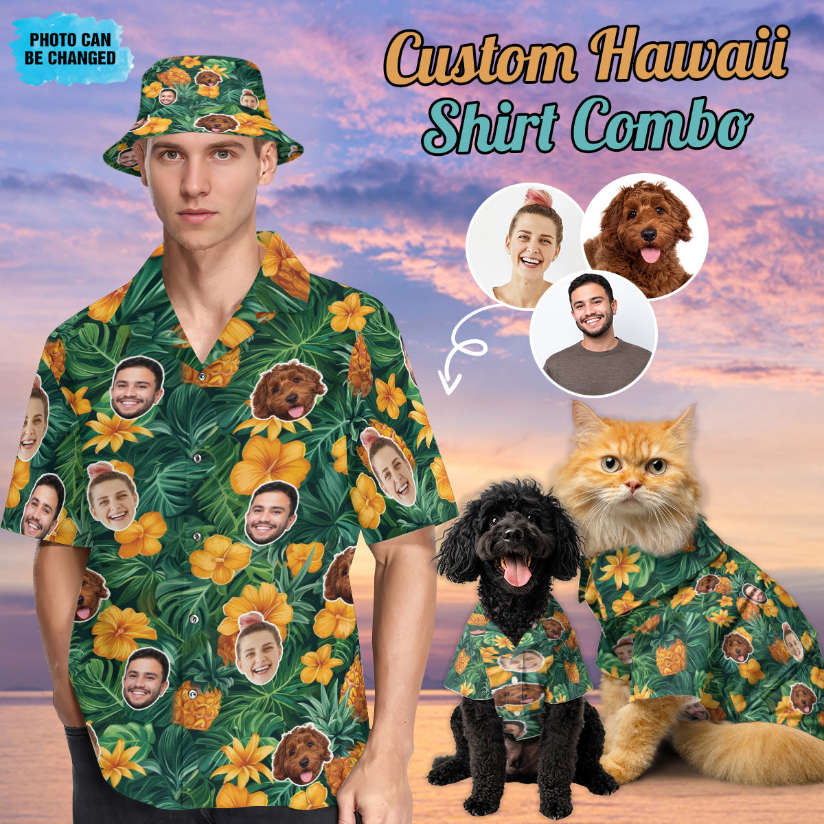 Petthouse | Custom With Face Pineapple Unisex Hawaiian Set, Summer Party Hawaiian Shirt