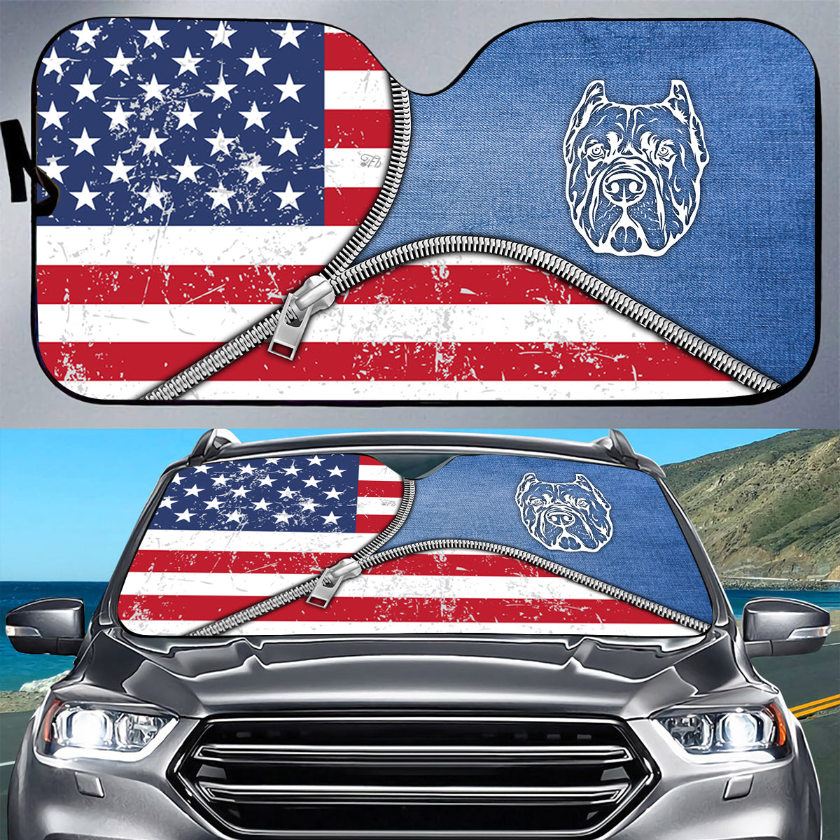 Petthouse | Dog Sunshade Pitbull Dog Denim American Car Sunshade American Patriot Windshield Sun Shade