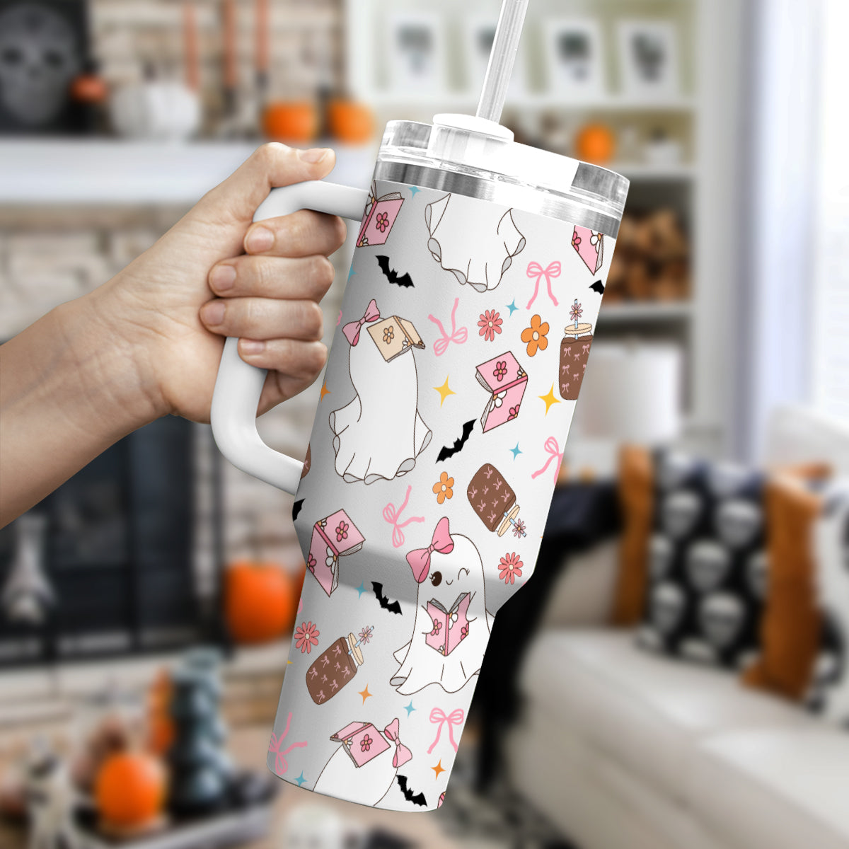 Petthouse | Ghost Reading Book 40oz Tumbler, Ghost Bookish Halloween, Spooky Tumbler For Book Lovers