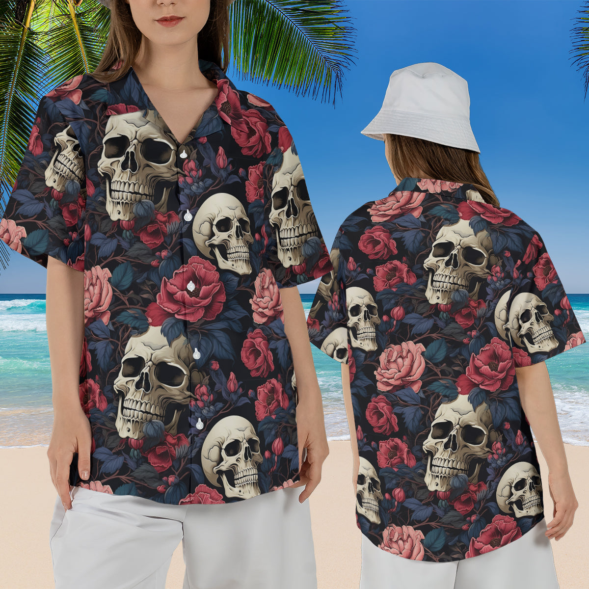 Petthouse | Skull Floral Hawaiian Shirt, Skull Summer, Skull Skeleton Tropical Floral For Beach Gift