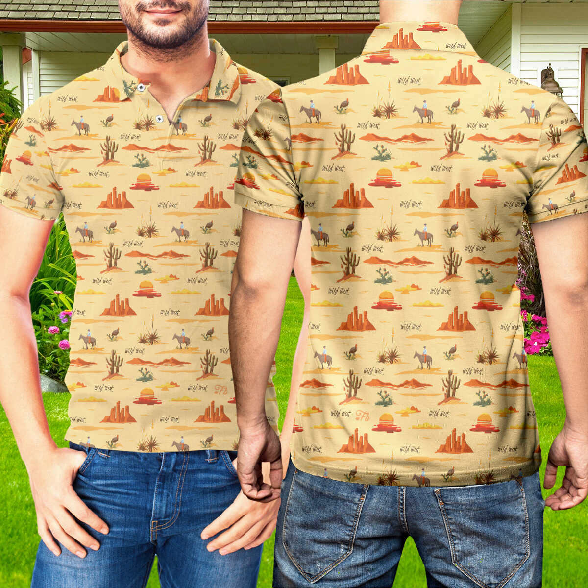 Petthouse | Cactus Cowboys Pattern Printed Polo Shirt, Horse Riding Cactus Lovers Gift