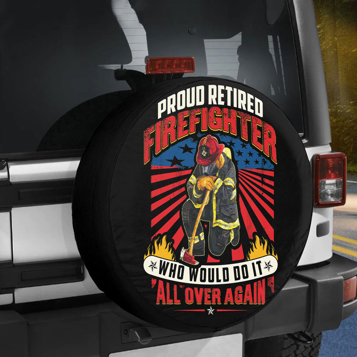 Petthouse | American Flag Grunge Firefighter Spare Tire Cover Proud Retired Firefighter Tire Protector Truck Decoration