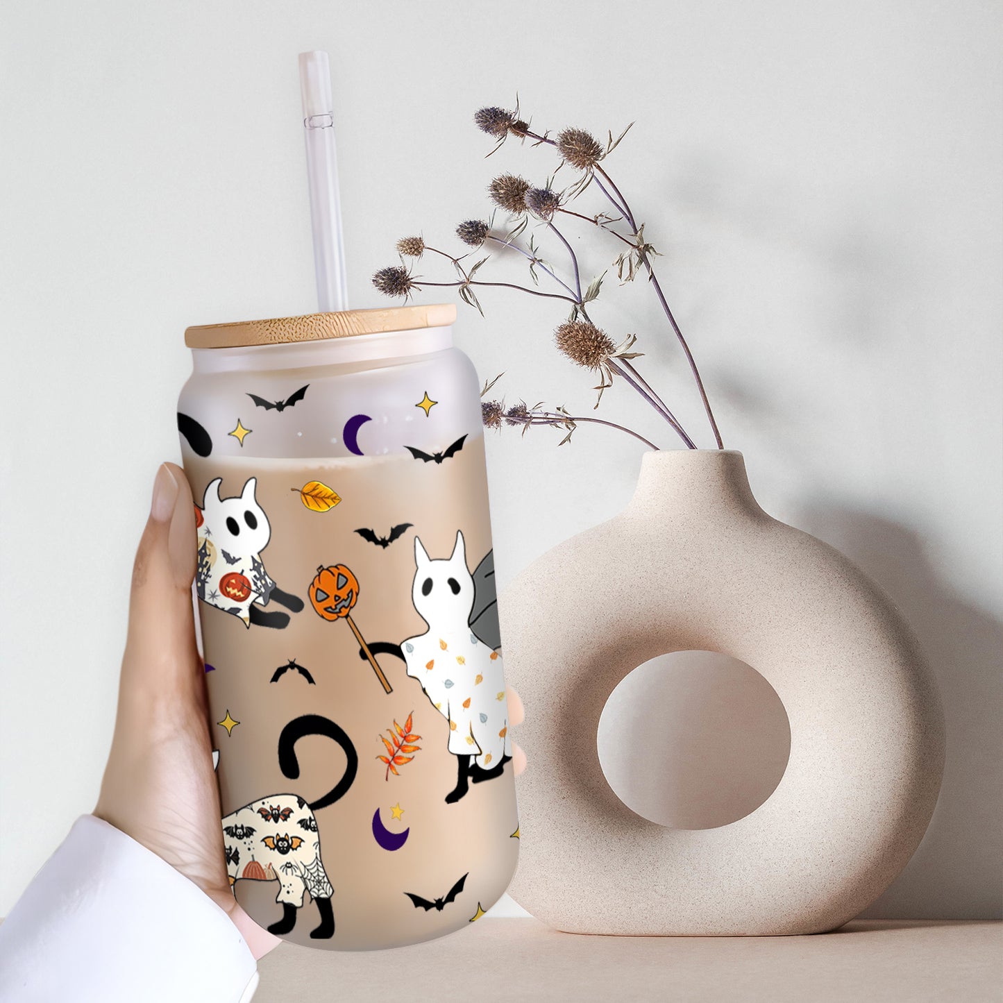 Petthouse | Halloween Ghost Cats Glass Can Cup, Pooky Season Coffee Mug, Iced Coffee Cup, Ghost Cat Coffee