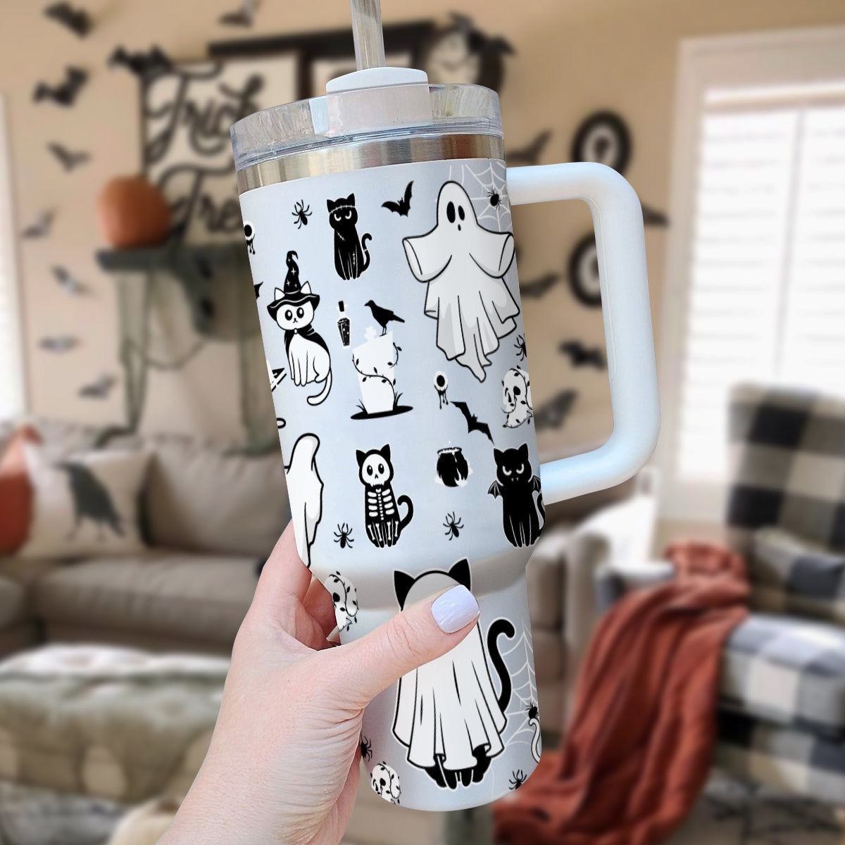 Petthouse | Halloween Ghost Doodles  40oz Tumbler, Spooky Black Stainless Steel Cup, Ghost Cute Spooky Season