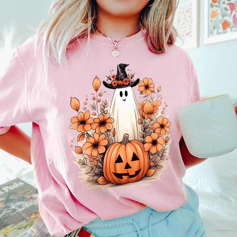 Petthouse | Cute Ghost Pumpkin T-shirt, Fall Autumn Halloween, Floral Ghost Pumpkin, Halloween Shirt