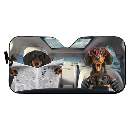 Petthouse | Dachshund Reading Newspaper Windshield Sun Shade Daily Dog Driving Windshield Cover Fun Car