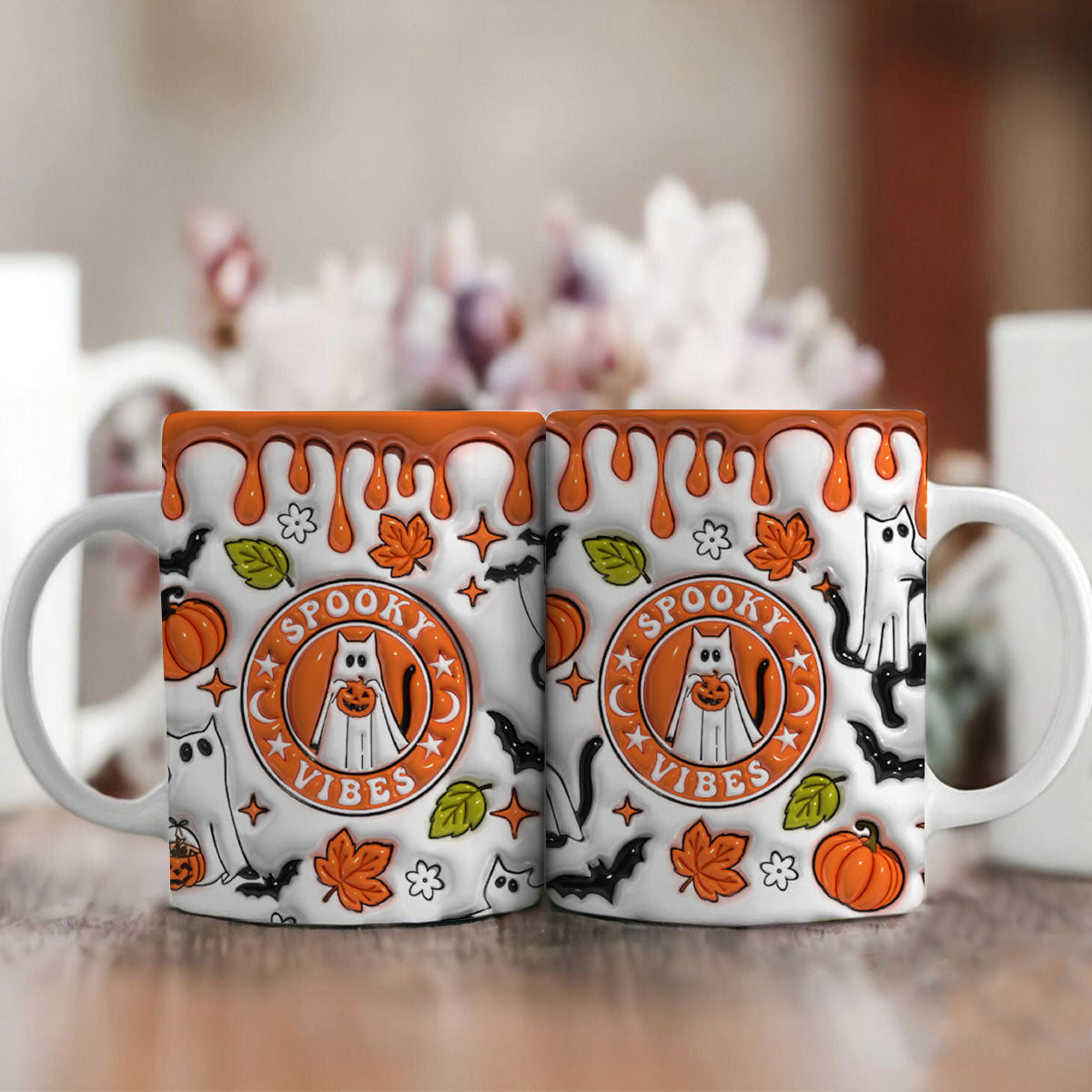 Petthouse | Cat Spooky Vibes Inflated 3d Mug, Cat Ghost Halloween, Spooky Vibes Cute Ghost Boo