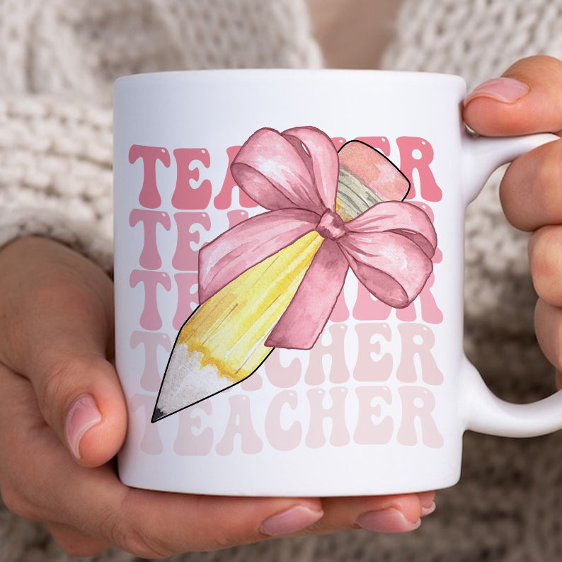 Petthouse | Custom Teacher Pencil Coquette Bow Shirt, Teach Love Inspire Techer Back To School