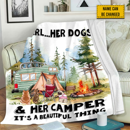 Petthouse | Personalized Girl And Her Dogs Throw Blanket, Camping Background Travel Blanket, Camping Lover Blanket