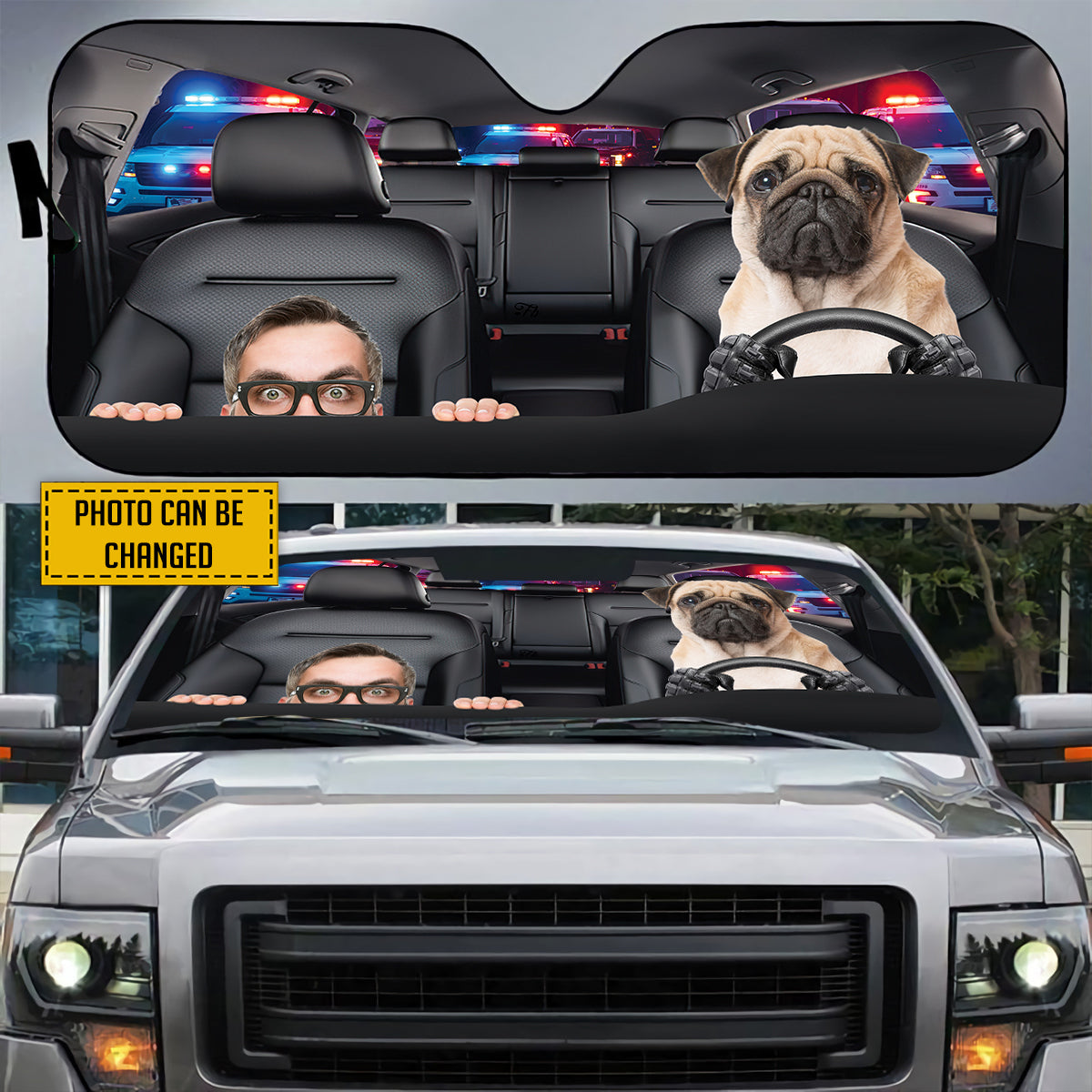 Petthouse | Customized Dog's Photo Windshield Sun Shade Pug Help Me Police Automotive Interior Sun Protection