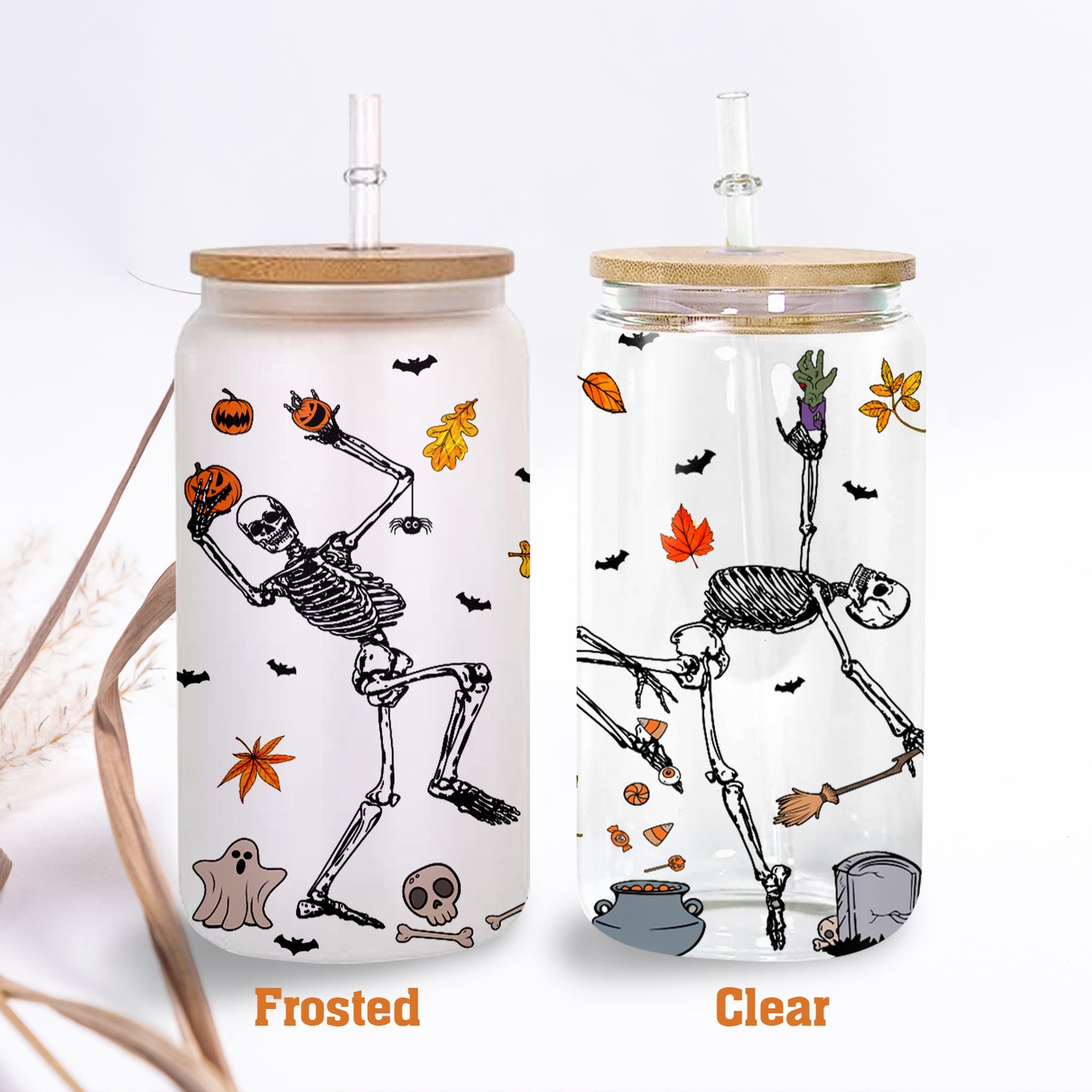 Petthouse | Personalized Halloween Dancing Skeleton Glass Can, Lover Gift Skeleton, Spooky Season Gift