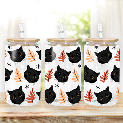 Petthouse | Black Cat Fall Glass Can, Black Cat Halloween Glass, Black Cat Coffee Glass, Viral Coffee