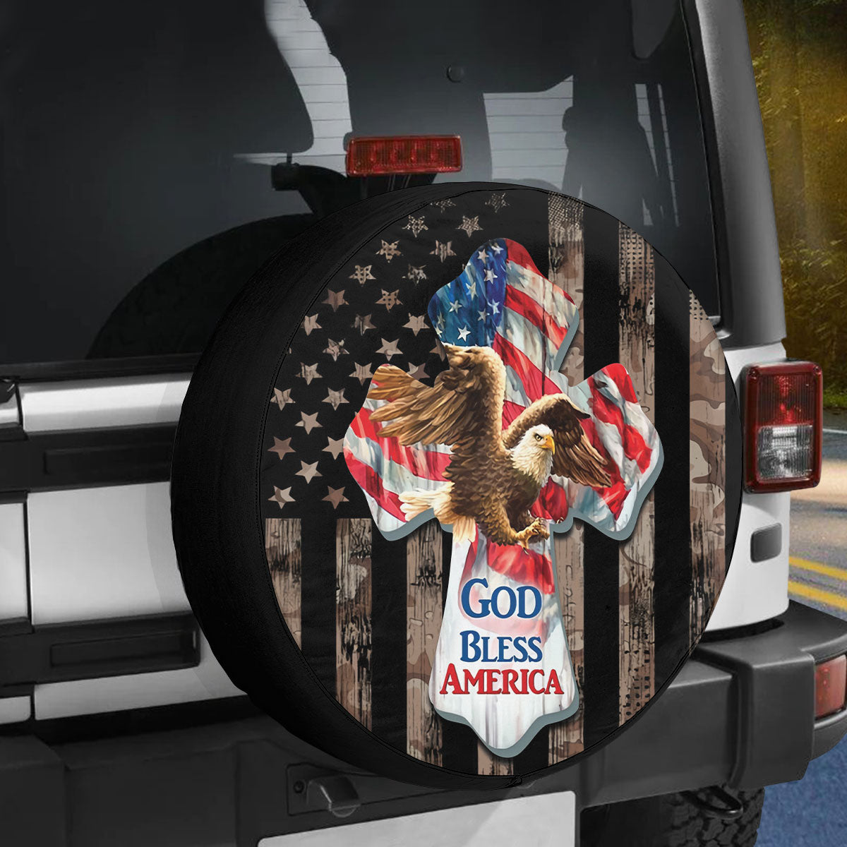 Petthouse | American Jesus Cross And Eagle Spare Tire Cover God Believer Camo Print Canvas Tire