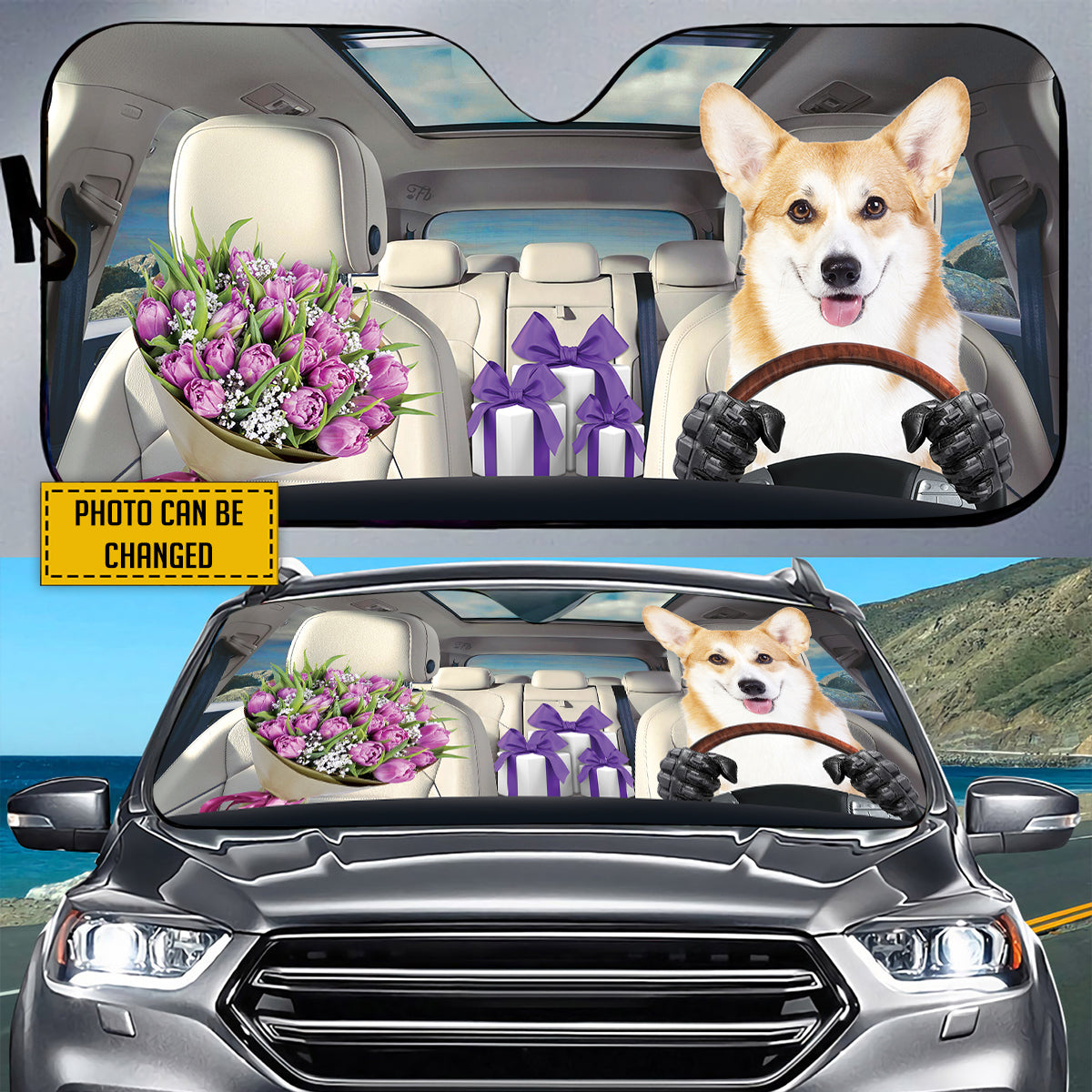 Petthouse | Custom Photo Sun Shade Corgi Flower Bouquet Gift Car Sun Shade Windshield Dog Mom Sunshade